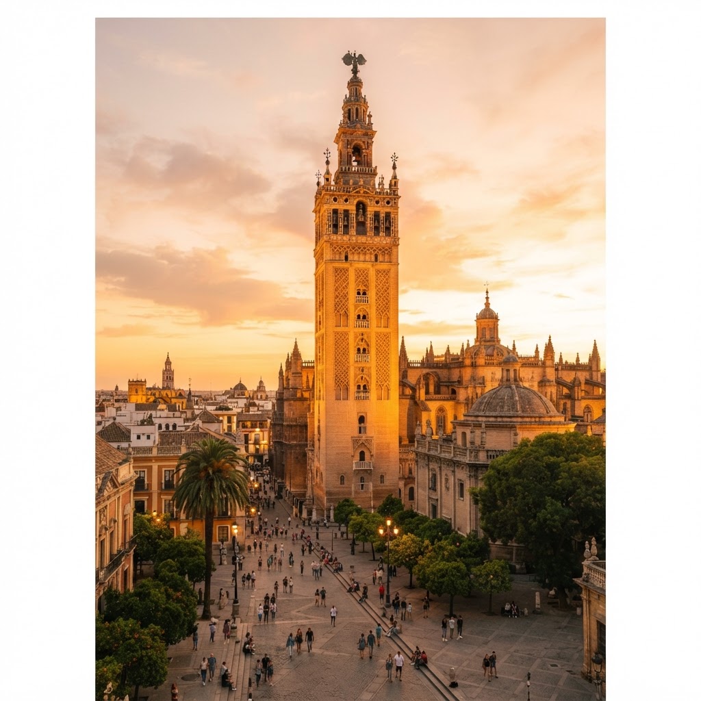 The iconic Giralda tower glows during the golden hour.