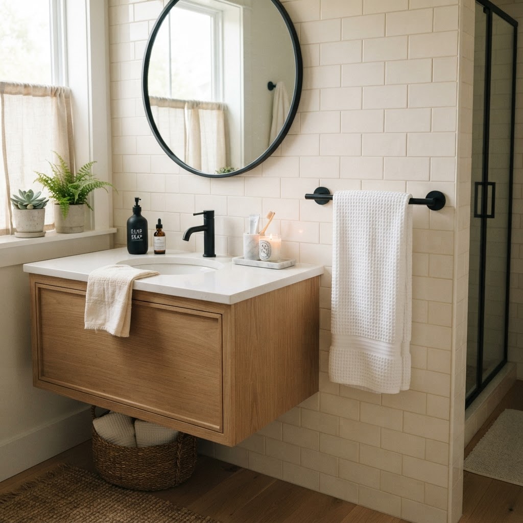 Upgrade your hardware with adhesive-mounted matte black fixtures for an instant modern look.