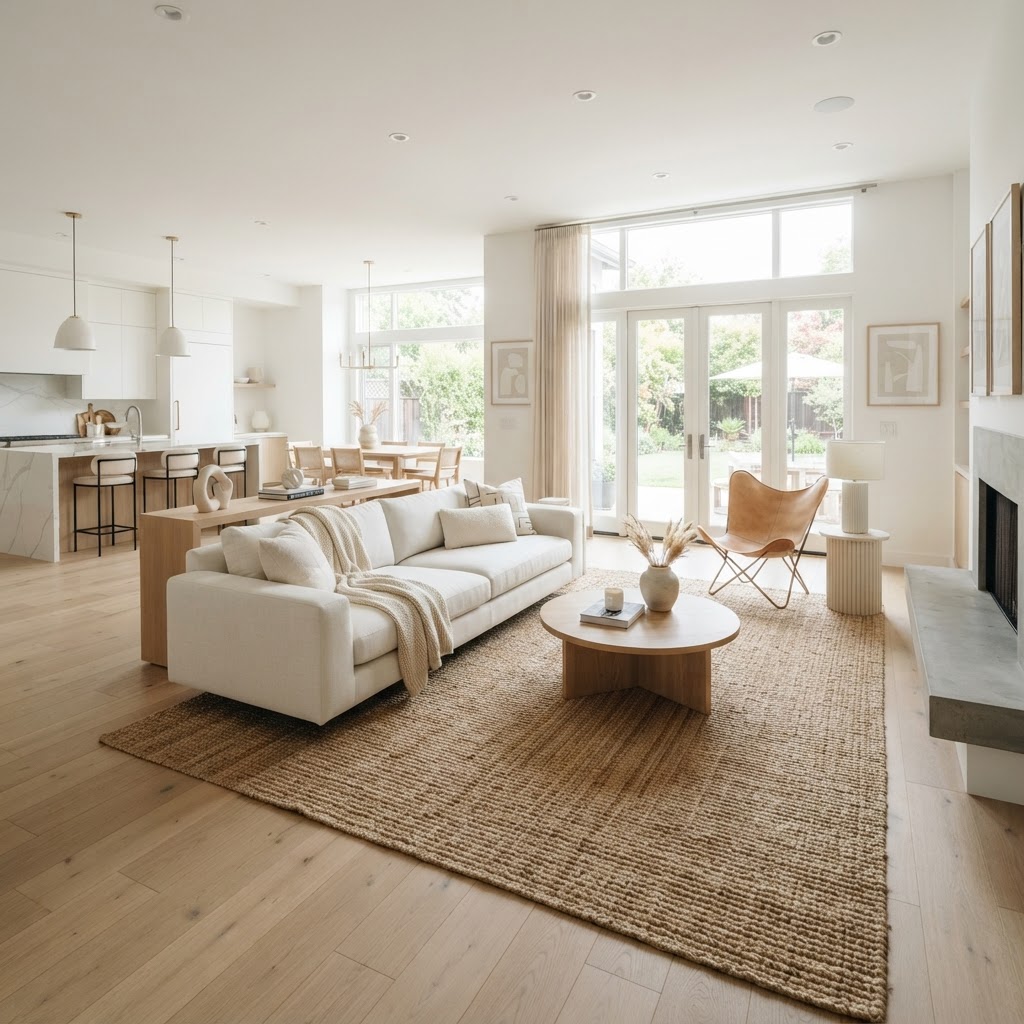 Floating furniture helps define the living area while maintaining an open flow.