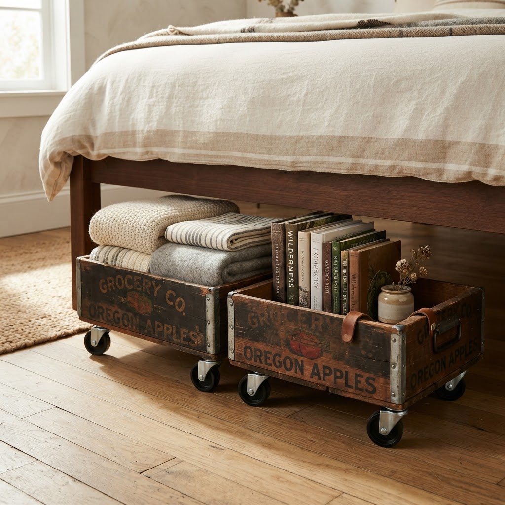 Vintage crates with wheels are both functional and aesthetic.
