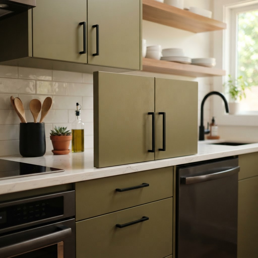 Matte black hardware provides a modern contrast to deep green kitchen fronts.