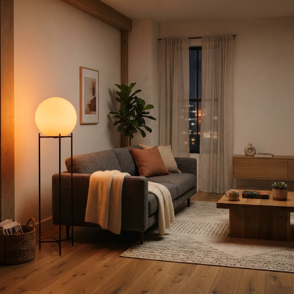 An orange orb lamp adds a soft, inviting glow to a modern living room.