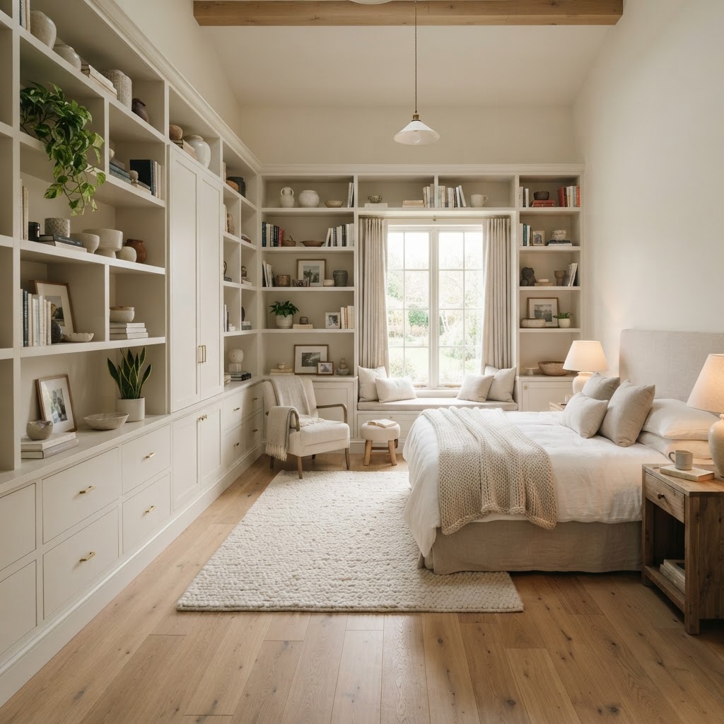 Floor-to-ceiling shelves utilize vertical space.