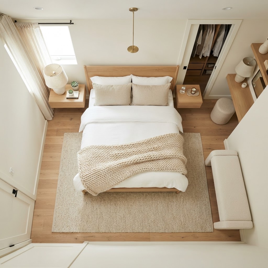 A clear, monochromatic color palette keeps small rooms looking peaceful and large.