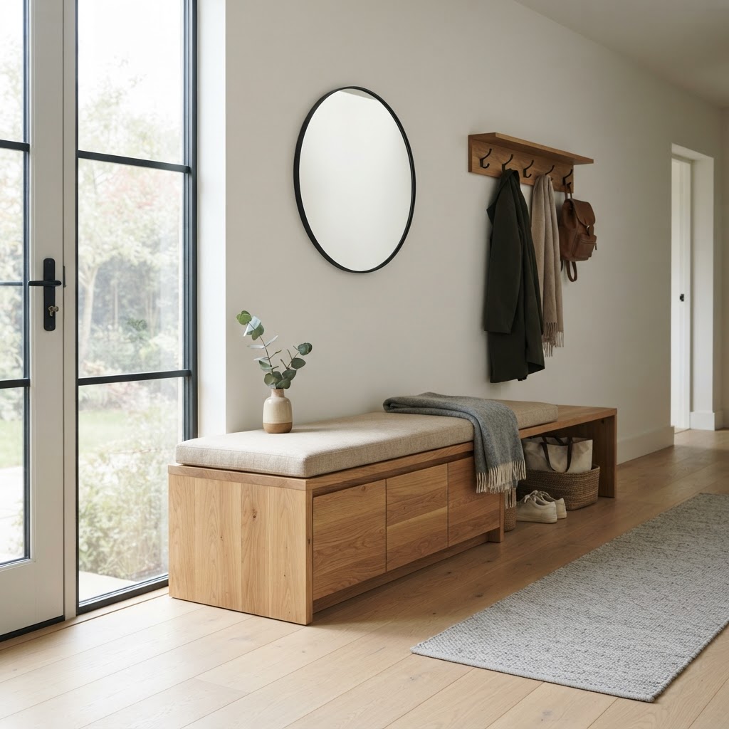 A storage bench adds seating and hides clutter.