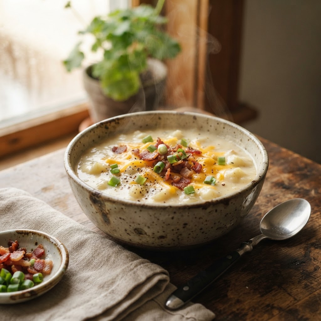 A delicious, creamy potato soup garnished with bacon and chives.