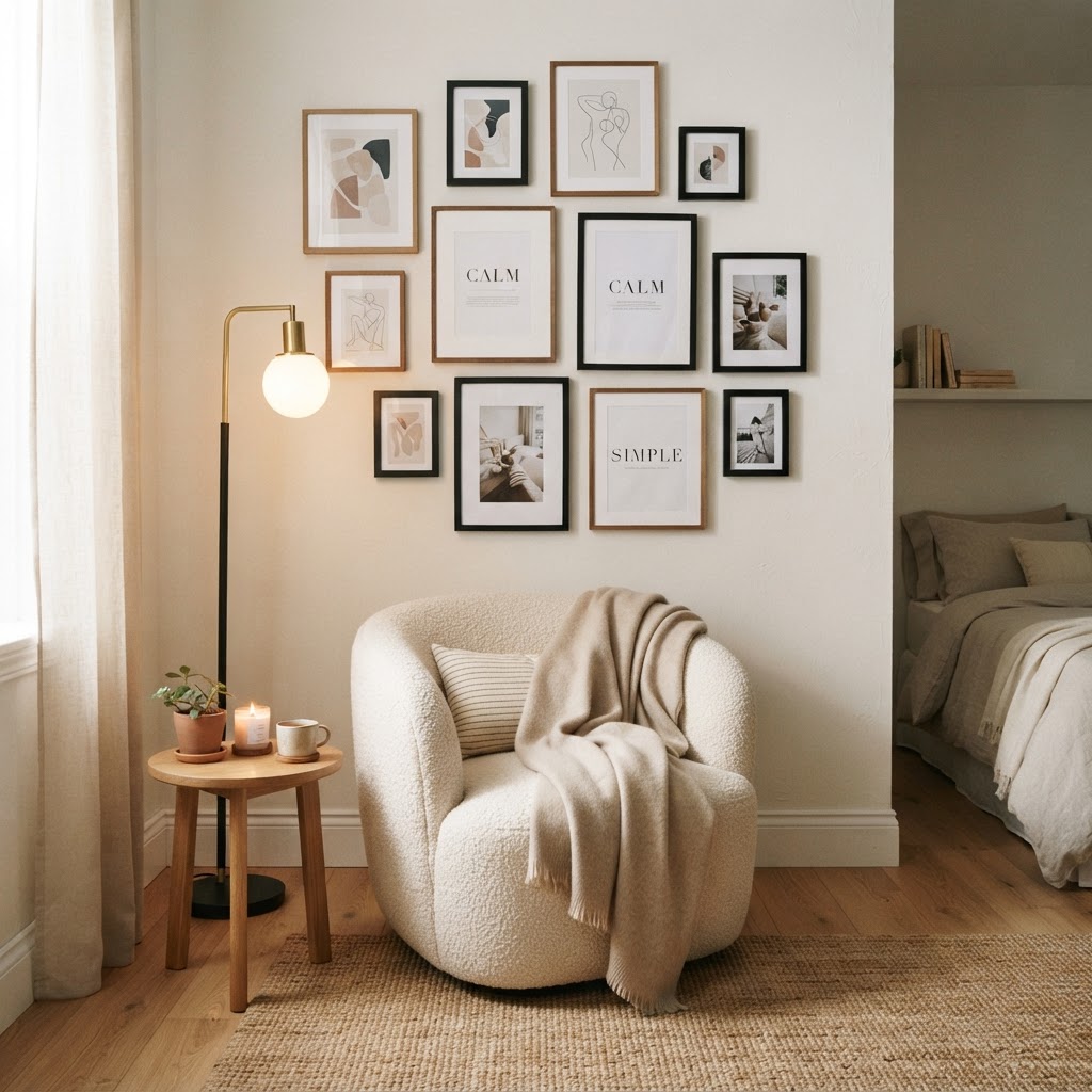 Gallery walls using non-damaging adhesive strips add a personalized and luxurious touch to any small wall.