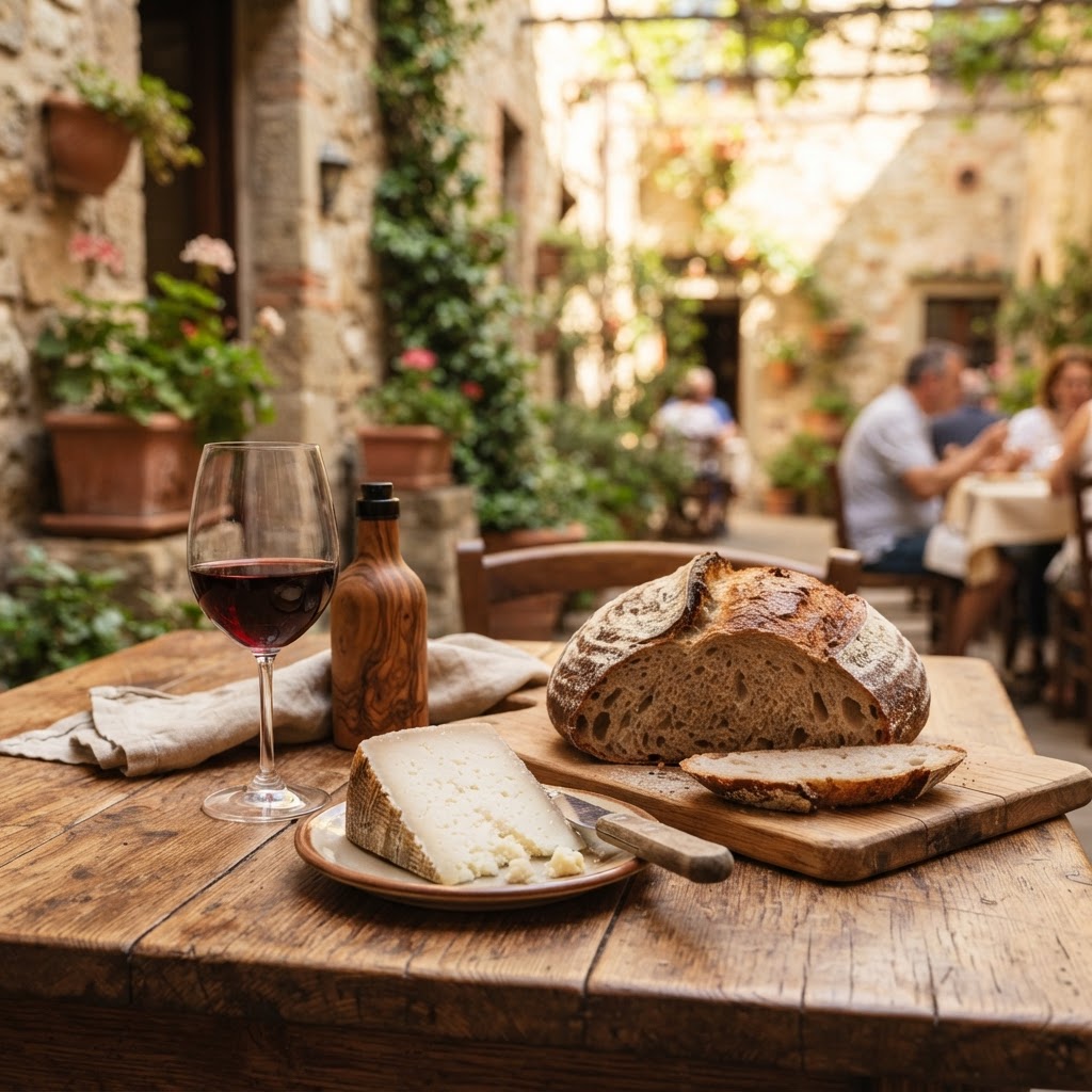 Enjoying a traditional local wine and cheese tasting in a rustic setting.