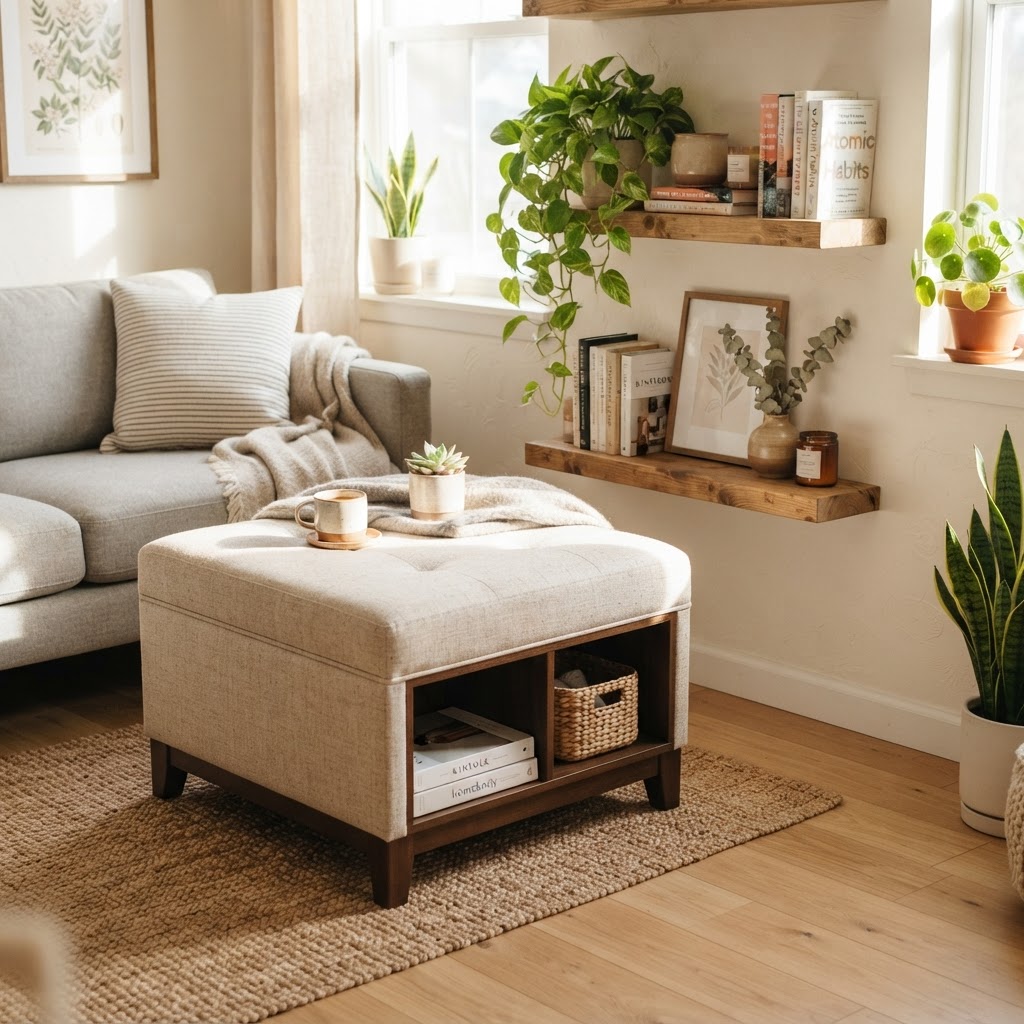 Detail view of a multi-functional ottoman and floating shelves that save precious floor space.