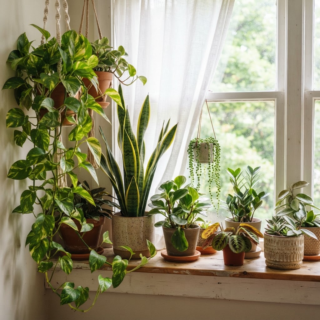 Indoor plants add life and vibrant color to beige rooms.