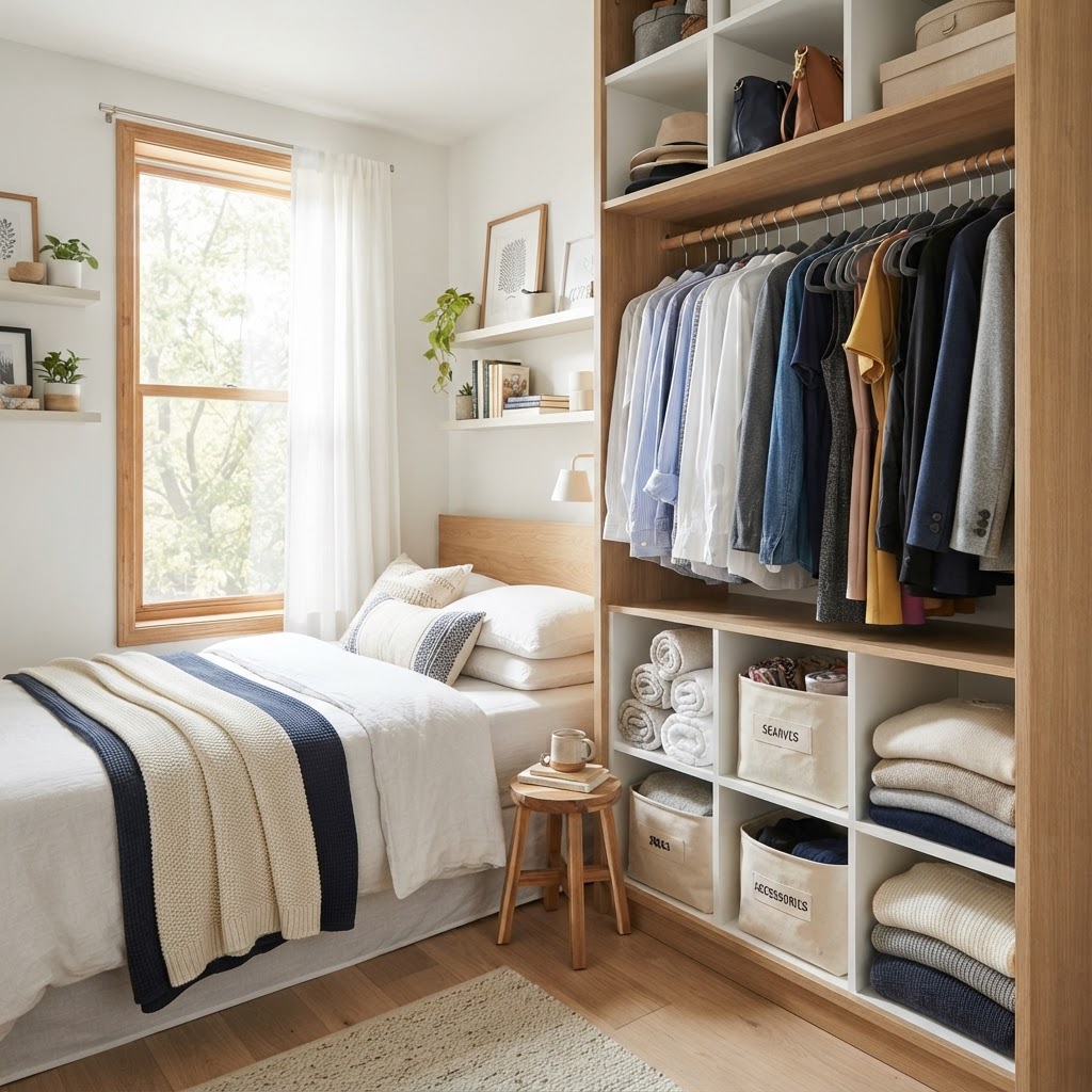 Efficient closet storage for a perfectly organized room.