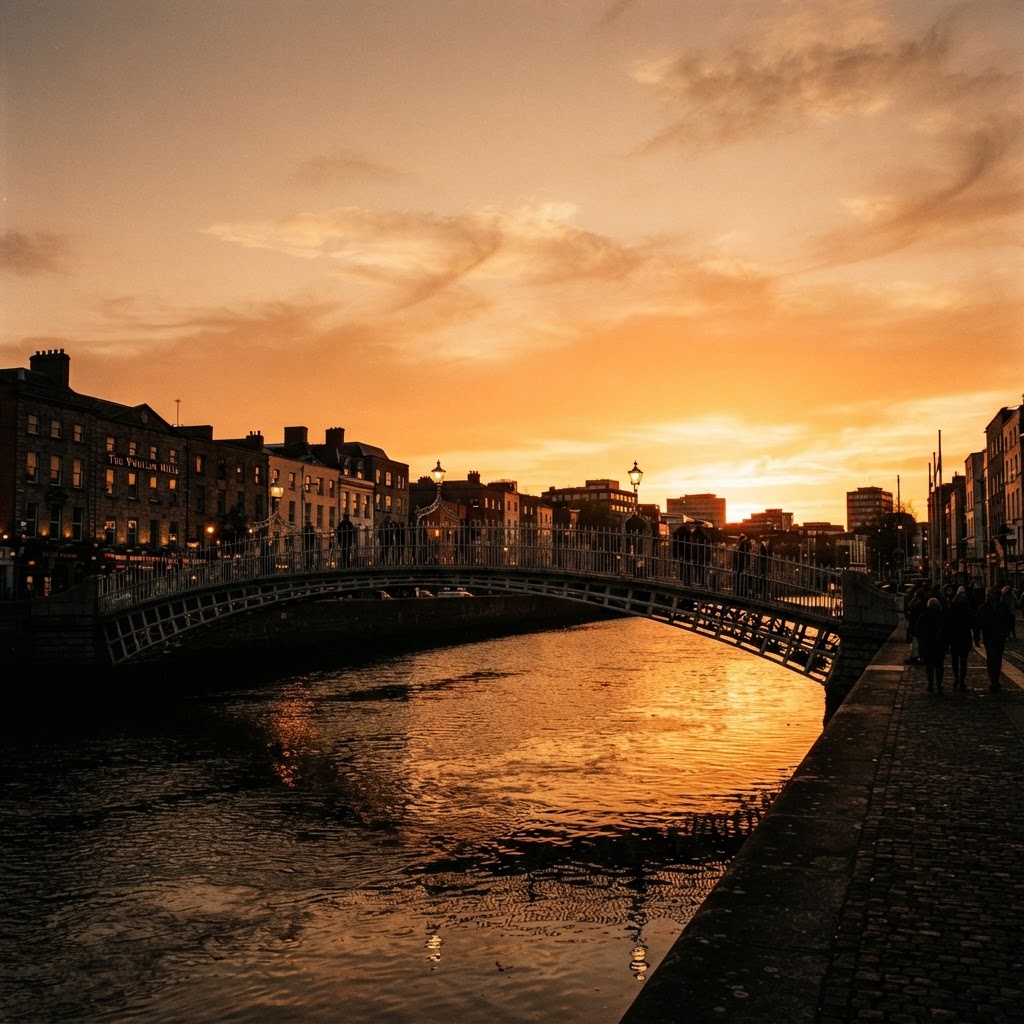 The iconic Ha'penny Bridge at sunset.