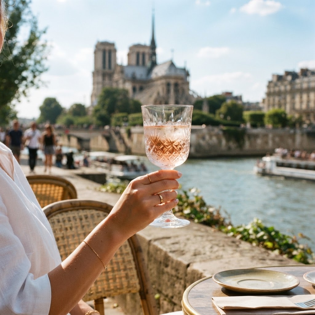 Mastering the French Picnic Aesthetic: Seine River & Rosé 3 Savoring a chilled rosé with a view of Paris.