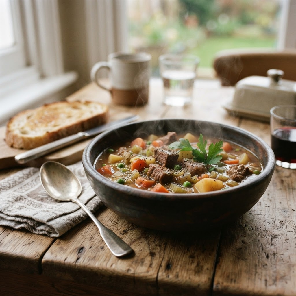 A perfectly cooked bowl of easy beef stew, ready for a cozy dinner.