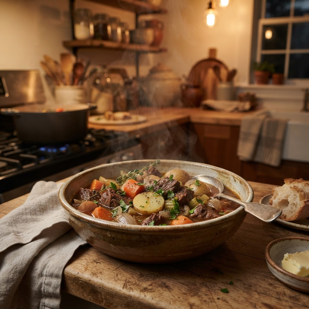 A bowl of slow cooker beef stew that is perfectly cooked and ready to serve.