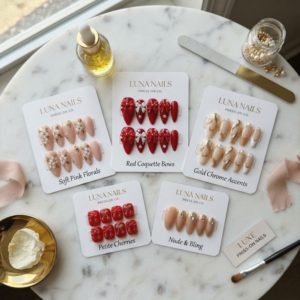 Varied press-on nail collections.