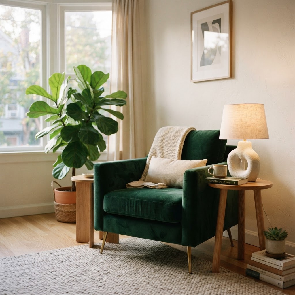 Layering textures like velvet and wood creates an instant cozy vibe.