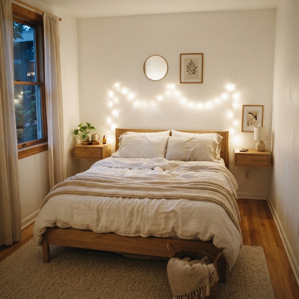 Minimalist decor with soft lighting makes this tiny bedroom feel tranquil.