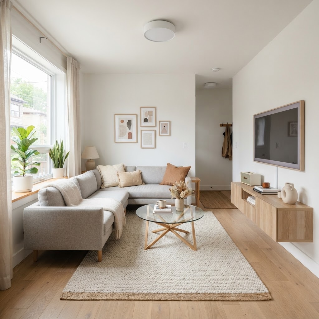 A minimalist approach to furniture keeps this small living room feeling open and bright.