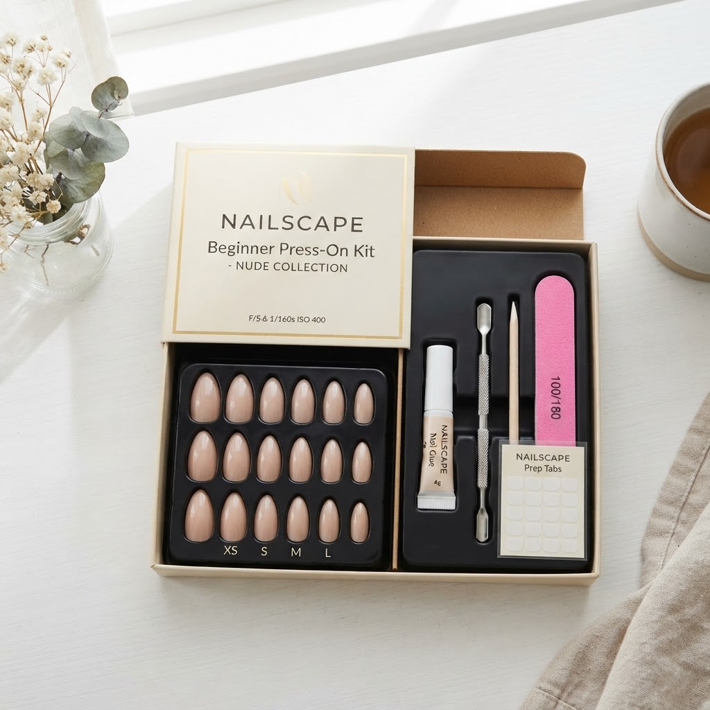 A complete beginner-friendly press-on nail kit with all the essential tools included.