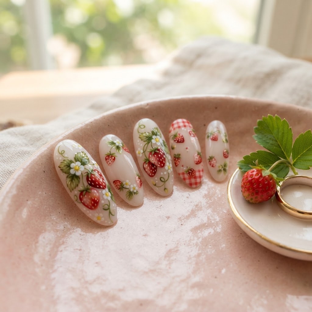 Almond-shaped press-ons provide an elegant canvas for seasonal art.