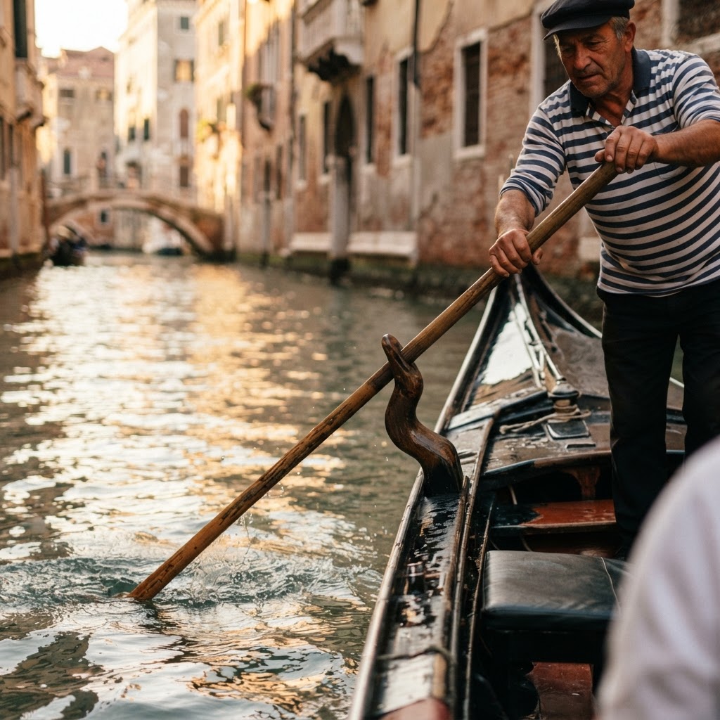 The rhythmic skill of the gondolier is a hallmark of Venetian culture.