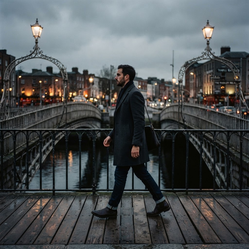 A stylish man exploring Dublin in the winter, focusing on effective layering.