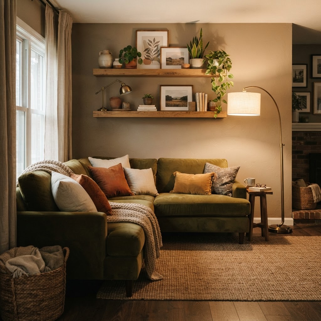 Maximize vertical space with floating shelves above your sectional.