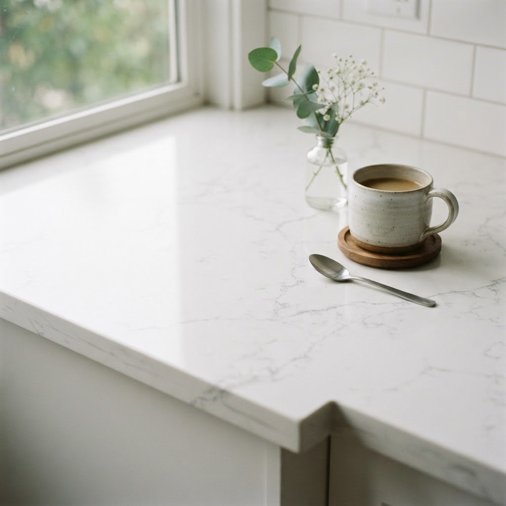 Quartz countertops add luxury and light reflection to compact spaces.