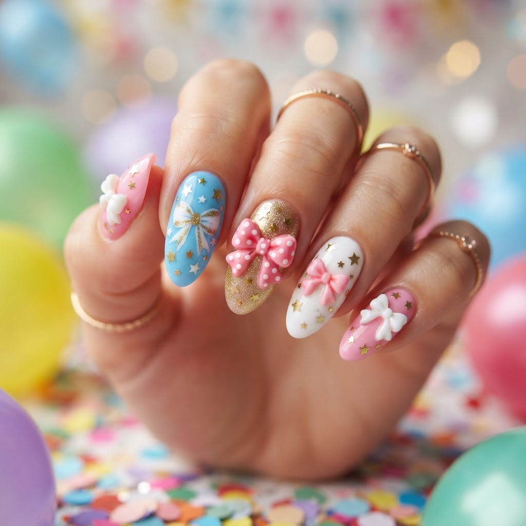 Dreamy soft pink nails with festive accents for the ultimate birthday manicure.