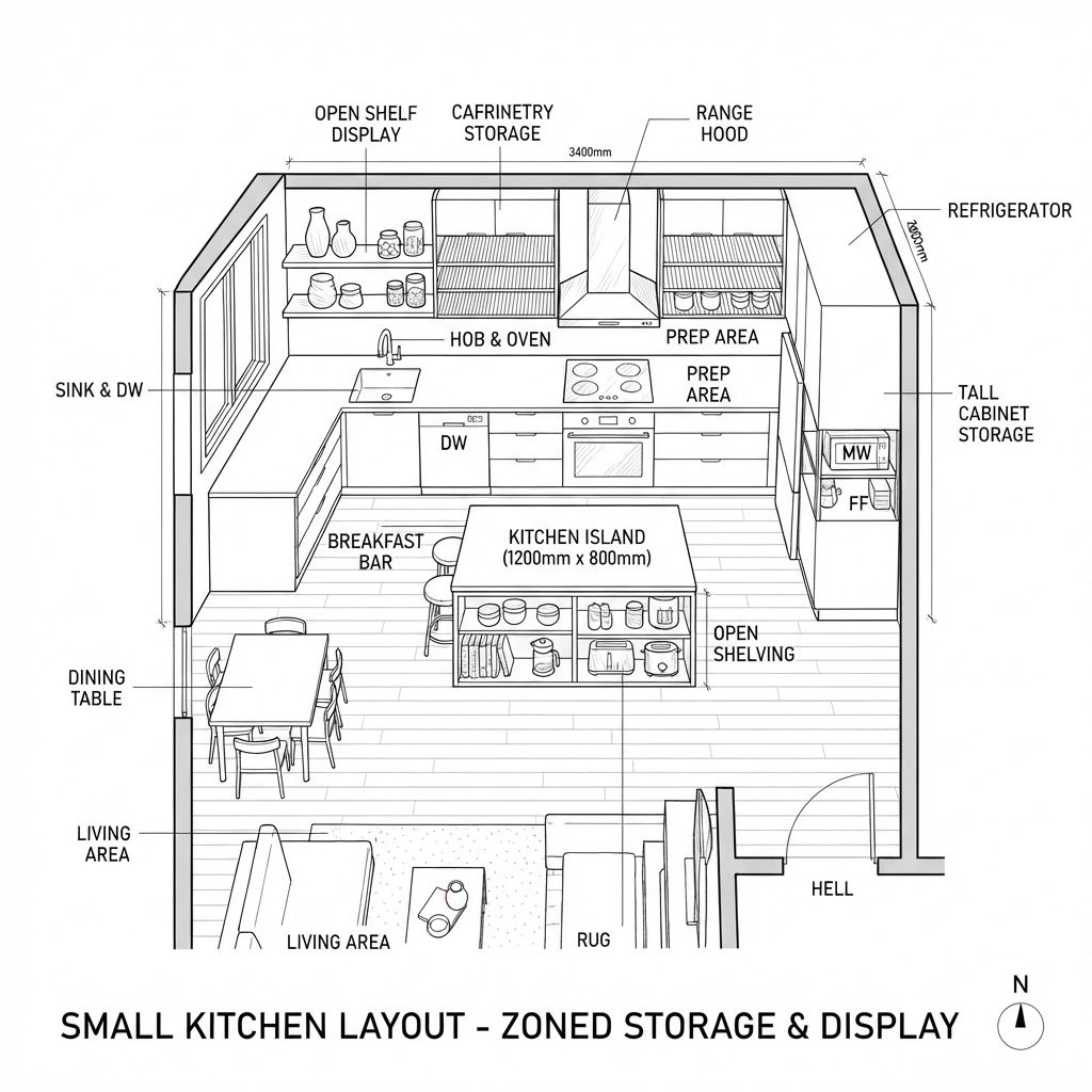 Efficient layout planning for compact kitchen storage.