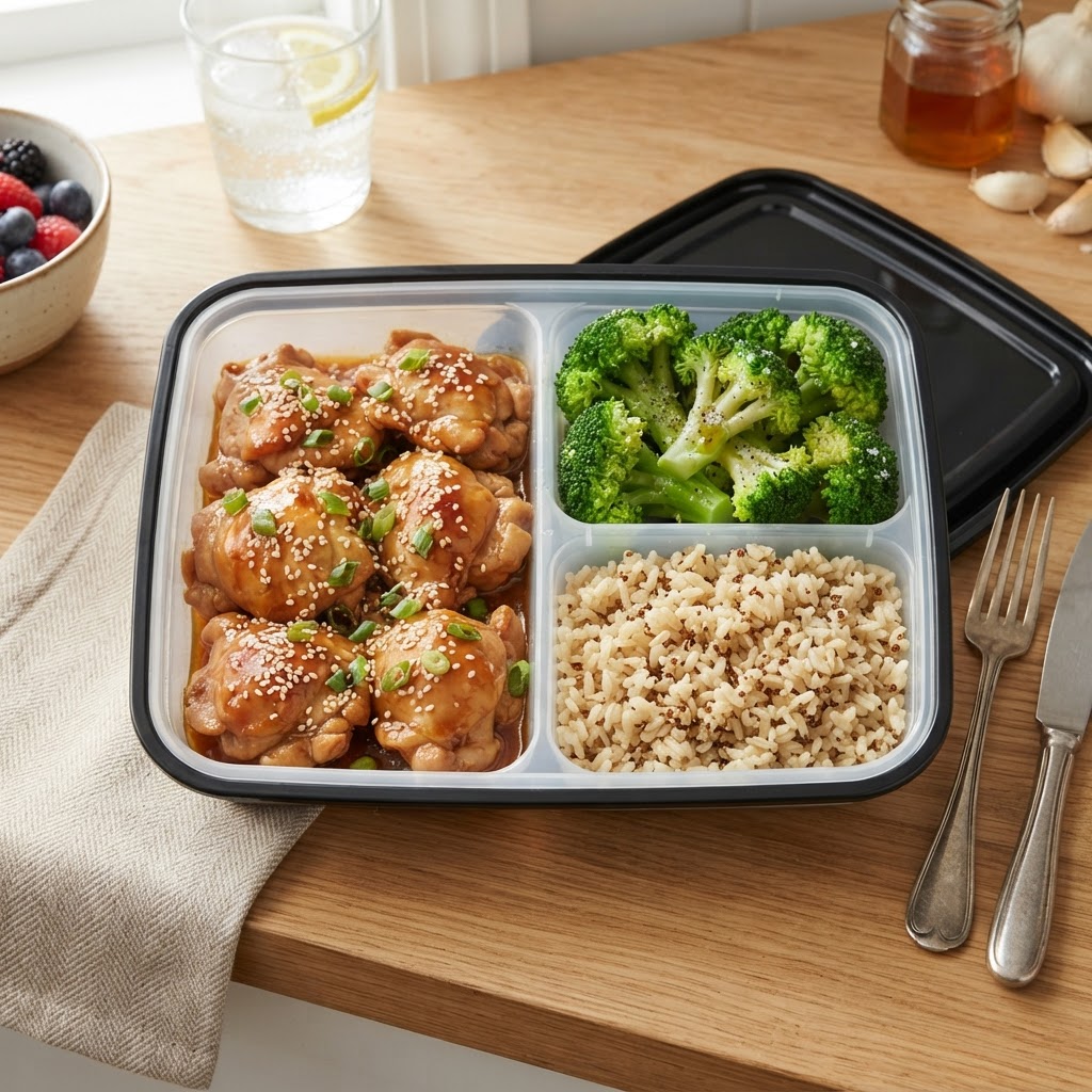 Healthy meal prep idea featuring honey garlic chicken.