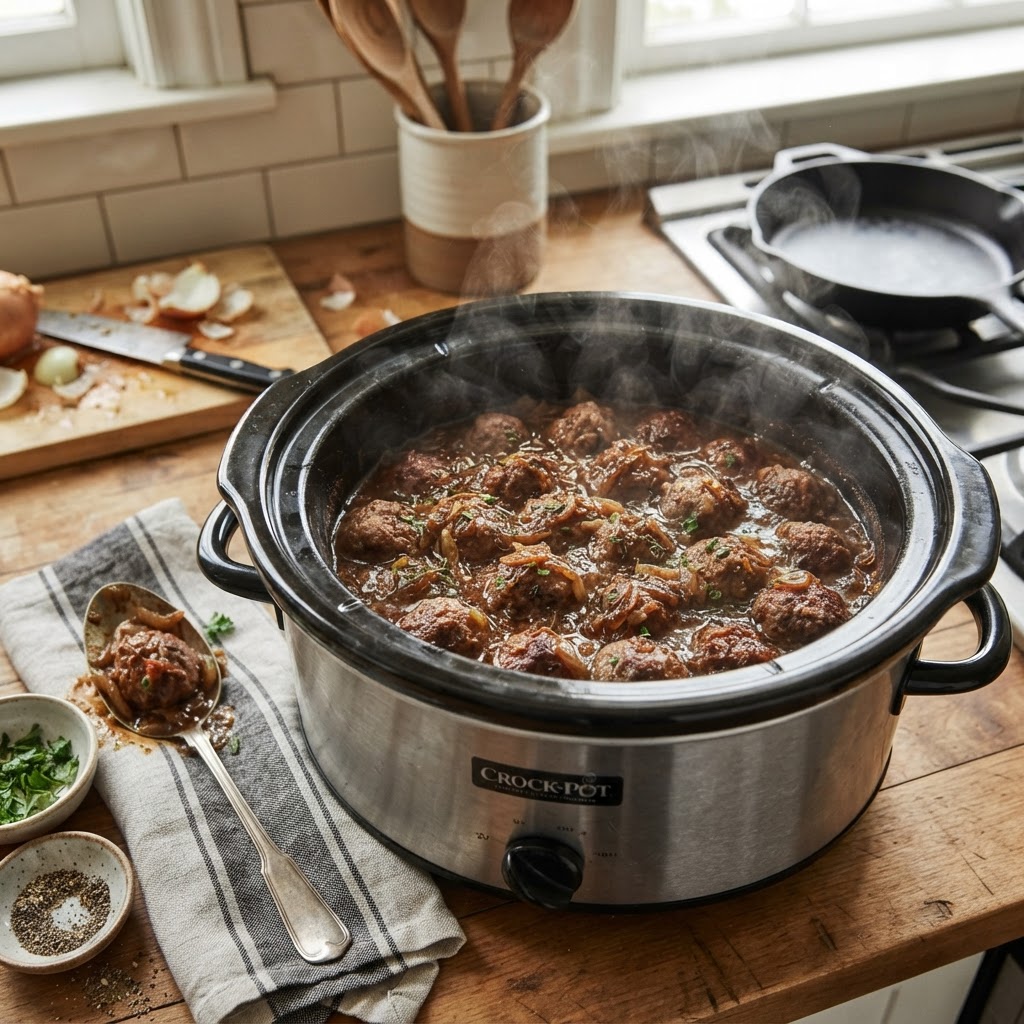 The slow cooking process ensures every meatball is perfectly infused with the deep flavors of the French onion broth.