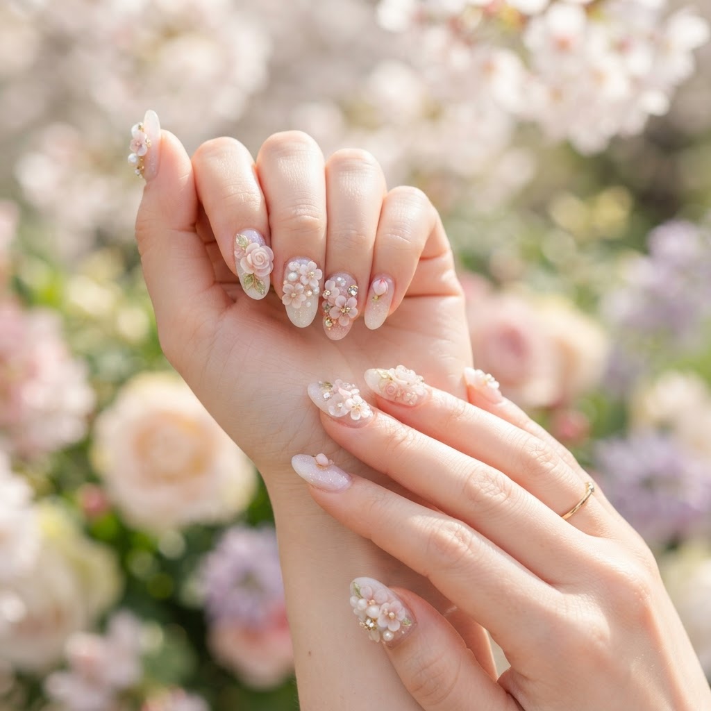3D floral press-on nails offer a textured, sophisticated look for spring.