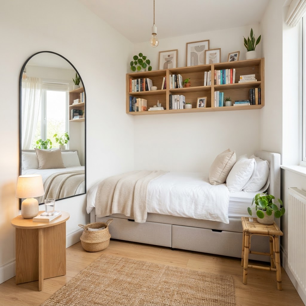 Using mirrors and shelves to maximize a small bedroom.
