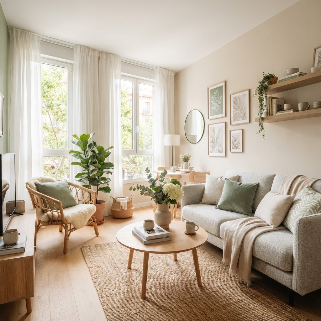 Light walls and sheer curtains create an airy feel.