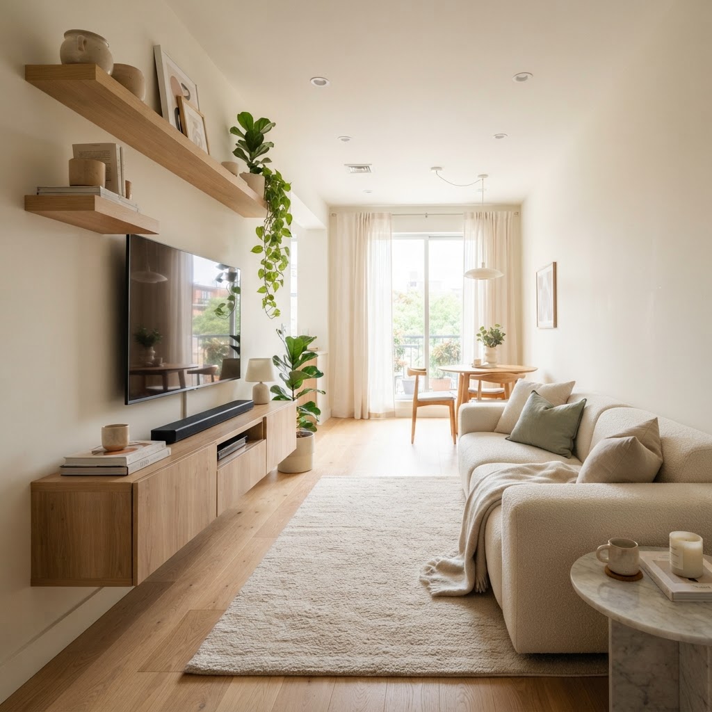 Clear traffic paths and wall-mounted storage help create a sense of airy, open living.