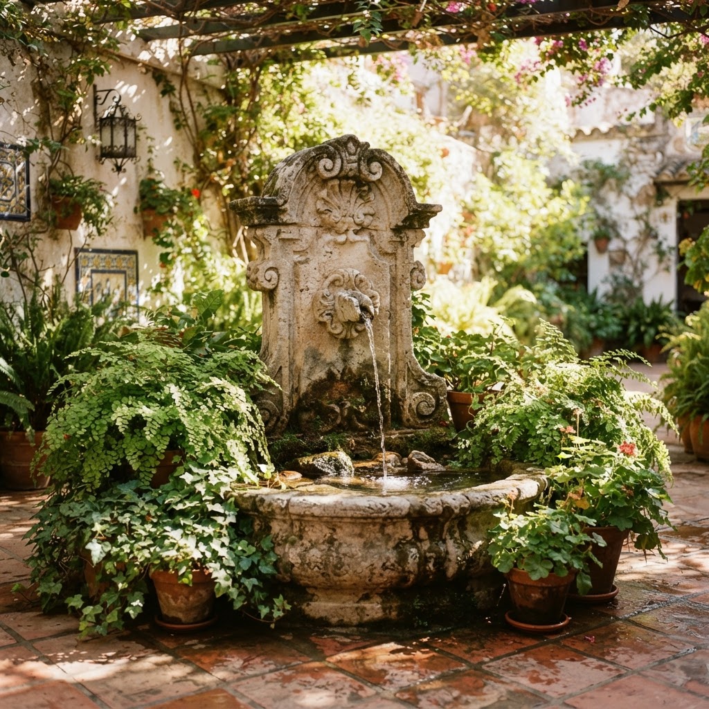 A peaceful water feature acts as the heart of the home.