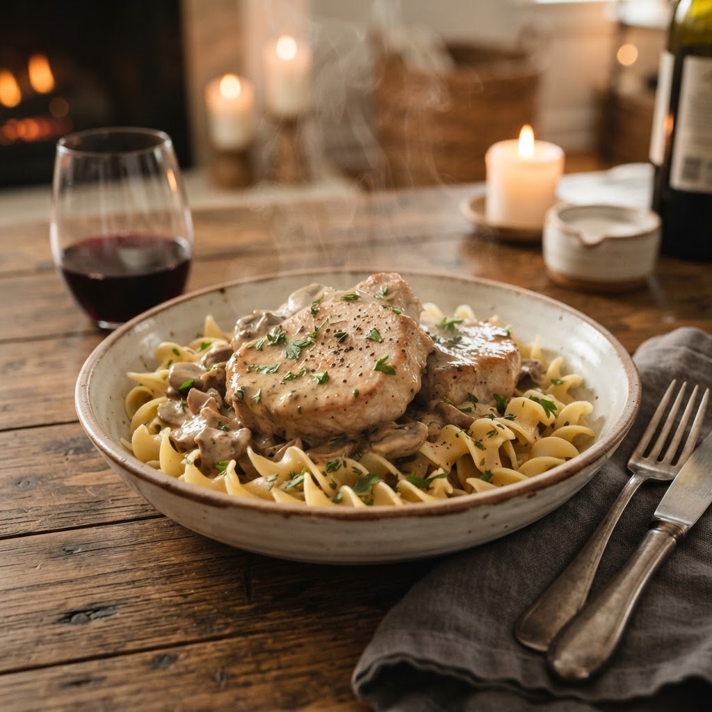 Serving suggestion: Delicious slow cooker pork chops over buttery egg noodles.