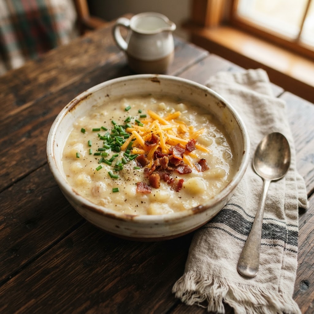 A bowl of delicious creamy potato soup garnished and ready to serve.