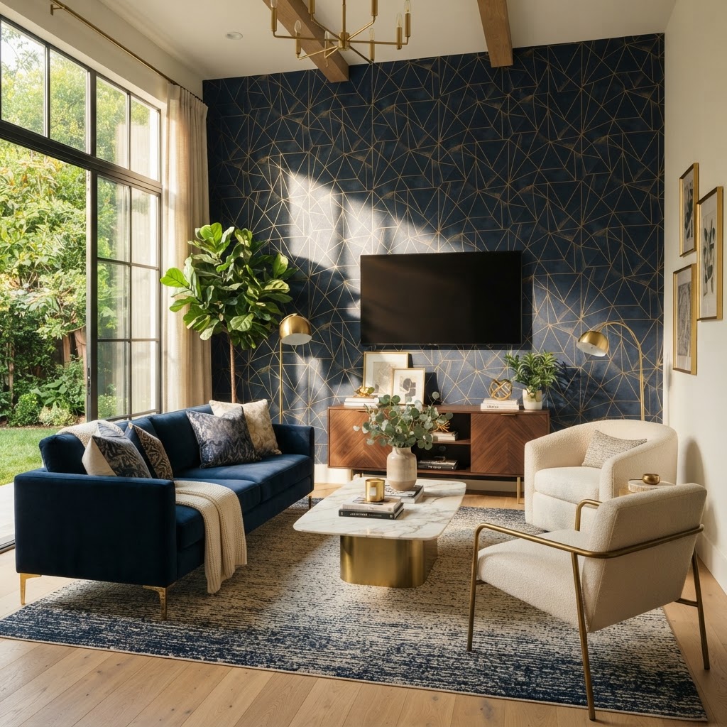 Peel-and-stick wallpaper in a geometric pattern creates a sophisticated focal point.