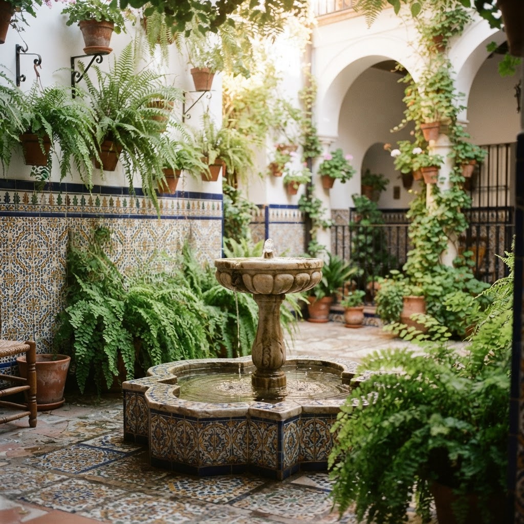 Inside a traditional courtyard, where color and cooling water features take center stage.