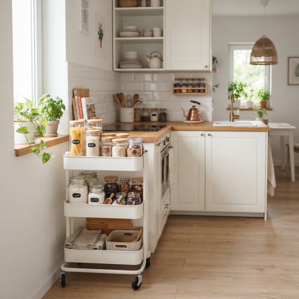 A mobile rolling cart acts as a versatile pantry for small kitchens.