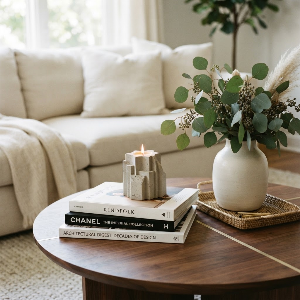 The art of the coffee table: curate items in groups of three for a luxury feel.