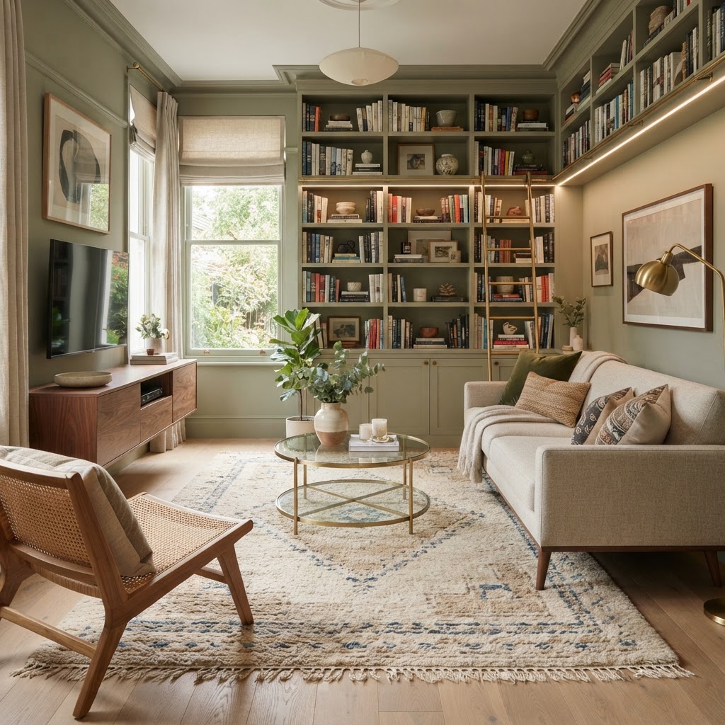 Floor-to-ceiling shelving draws the eye upward and provides necessary storage without floor clutter.