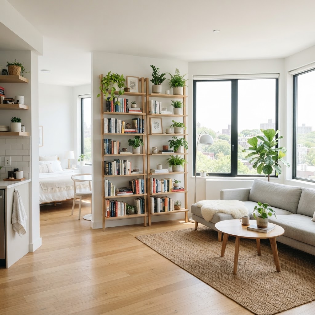 Vertical shelving is essential for small apartment storage.