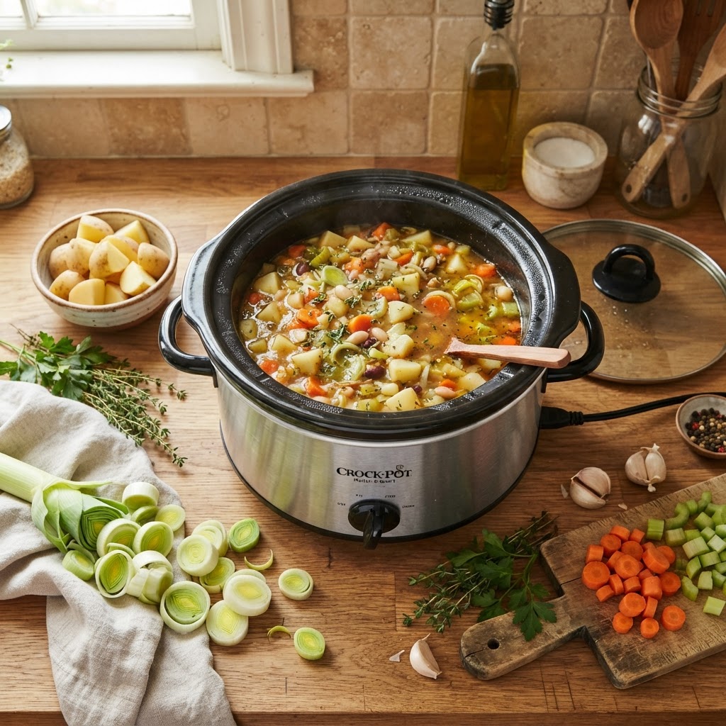 Preparing the perfect slow cooker soup with fresh, seasonal ingredients.