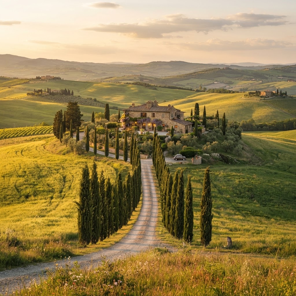The iconic rolling hills and cypress trees of the Val d'Orcia region.