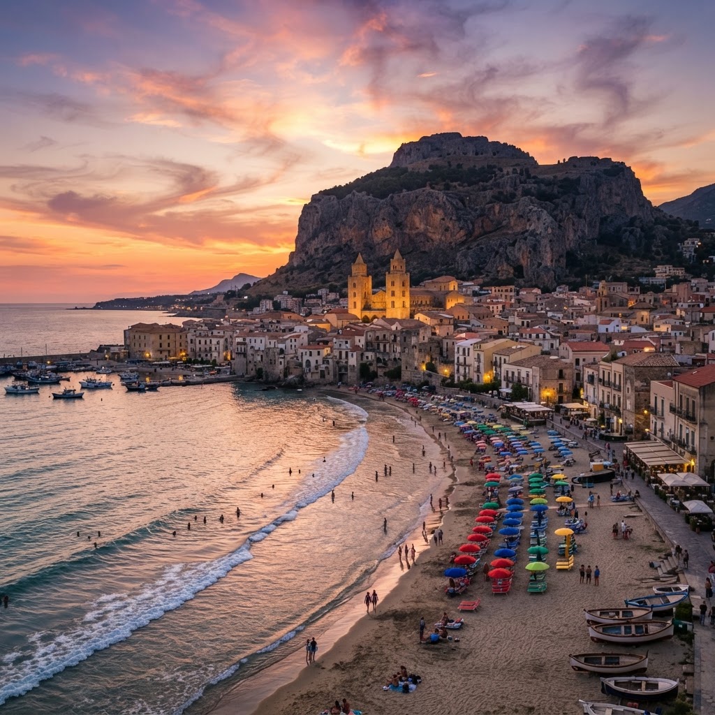 The iconic cathedral and golden beach of Cefalù.