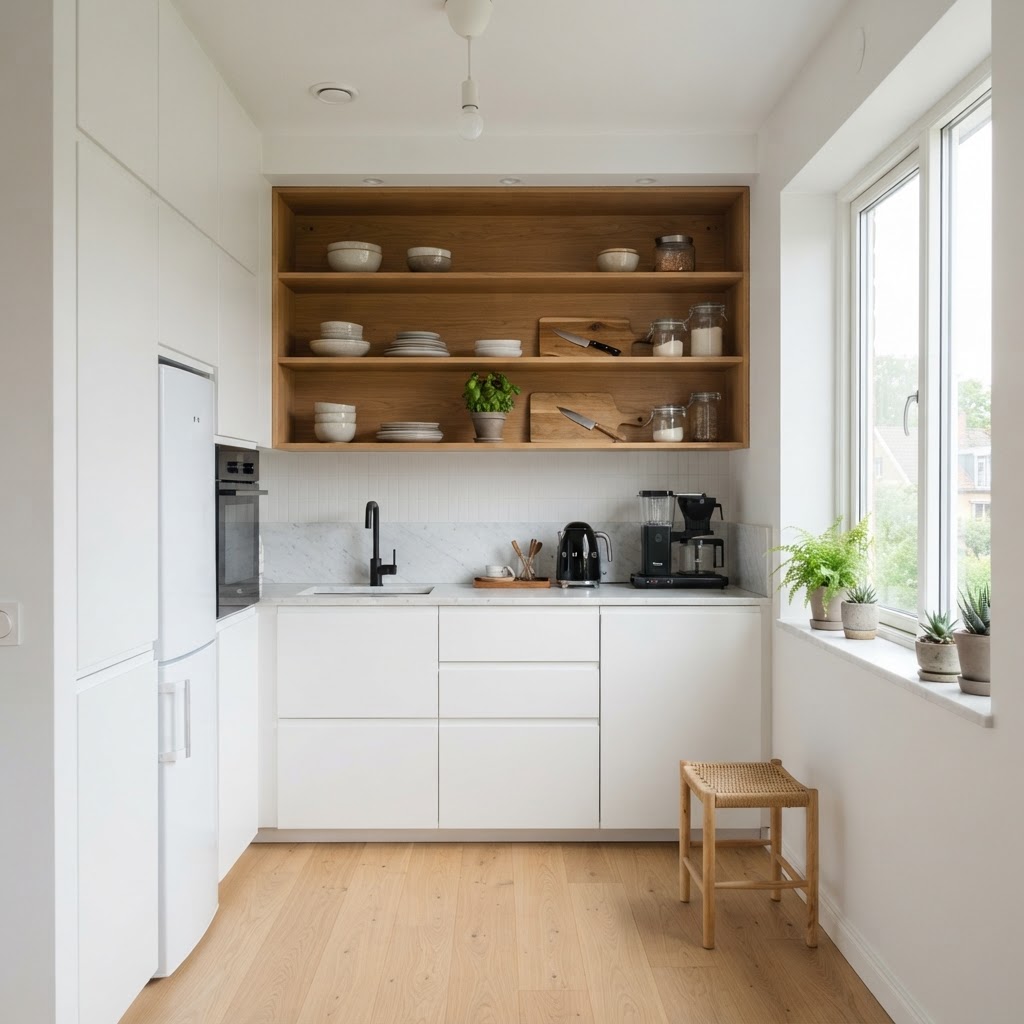 Maximizing vertical storage in a modern, light-filled mini kitchen.